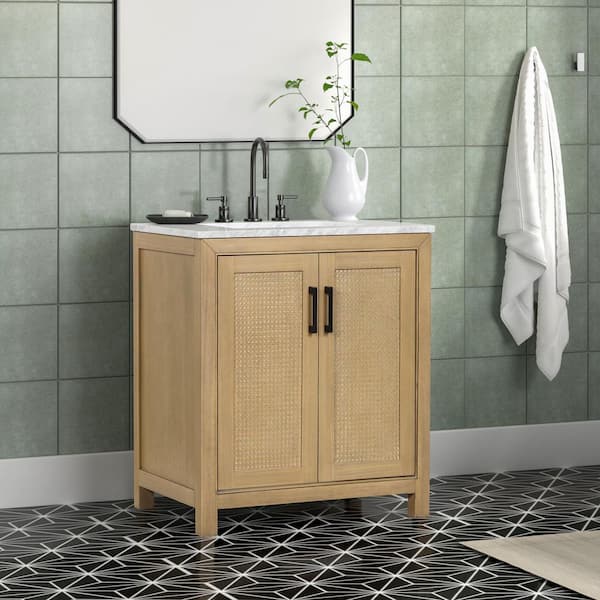 Collinsville 30 in. W x 21 in. D x 35 in. H Single Sink Freestanding Bath Vanity in Natural Oak with Carrara Marble Top