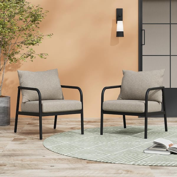 Noble House Outdoor Patio Black Aluminum Frame Club Chair, Set of 2, Beige Cushions
