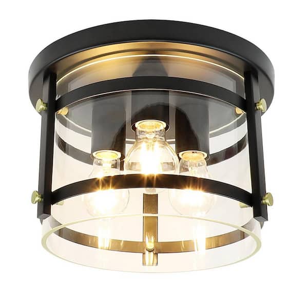 TAIFOND 11.81 in. 3-Light Matte Black Flush Mount Ceiling Light with Clear Glass Shade