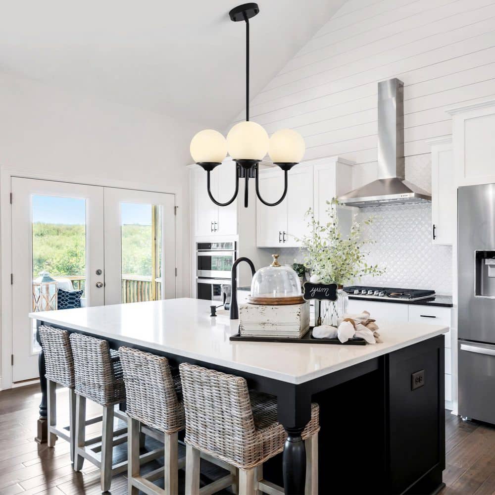 3-Light Black Farmhouse Modern Pendant Light with Milky White Ball Glass Shade Chandelier for Dining Room price history on PriceWatchPro