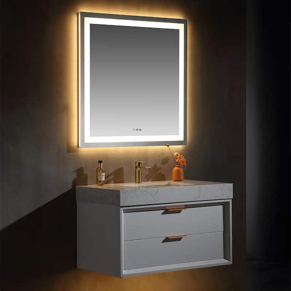 IDEAGLE 36 in. W x 21 in. D x 21 in. H Single Sink Bath Vanity in Marble with White Marble Countertop, 2 Drawers and LED Light