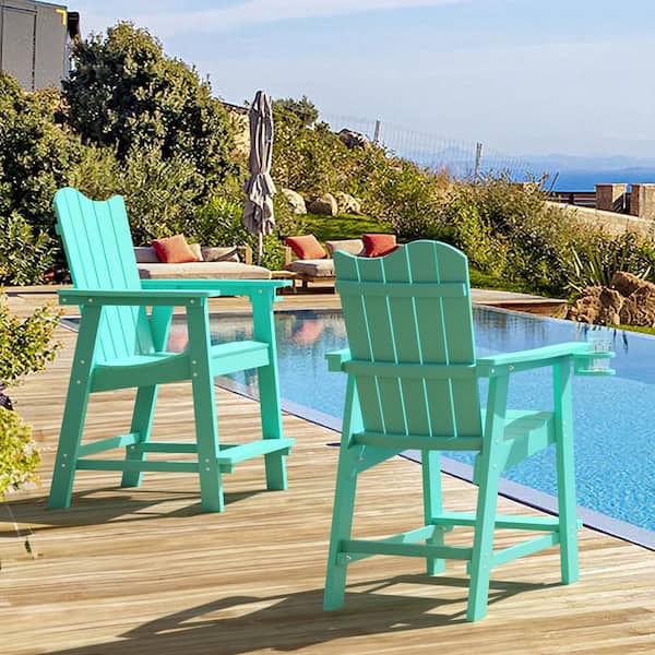 LUE BONA Apple Green Plastic Adirondack Outdoor Bar Stool with Cup Holder Weather Resistant Wave Design Bar Chair(2-Pack)