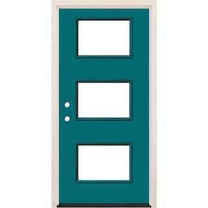36 in. x 80 in. Right-Hand/Inswing 3-Lite Clear Glass Reef Painted Fiberglass Prehung Front Door w/6-9/16 in. Frame