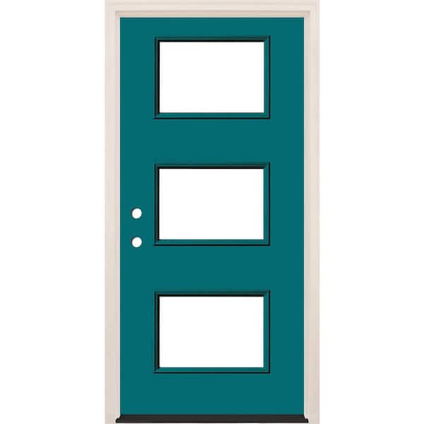 Builders Choice 36 in. x 80 in. Right-Hand/Inswing 3-Lite Clear Glass Reef Painted Fiberglass Prehung Front Door w/6-9/16 in. Frame