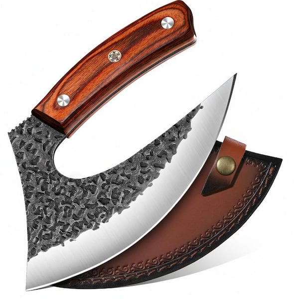 Ulu Knife with Sheath, Full Tang Rosewood Handle, Viking-Style Cleaver and Pizza Cutter for Meat, Herb