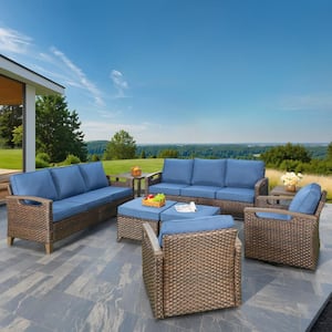 Nyajiah 8-Piece Wicker Patio Conversation Set with Blue Cushions