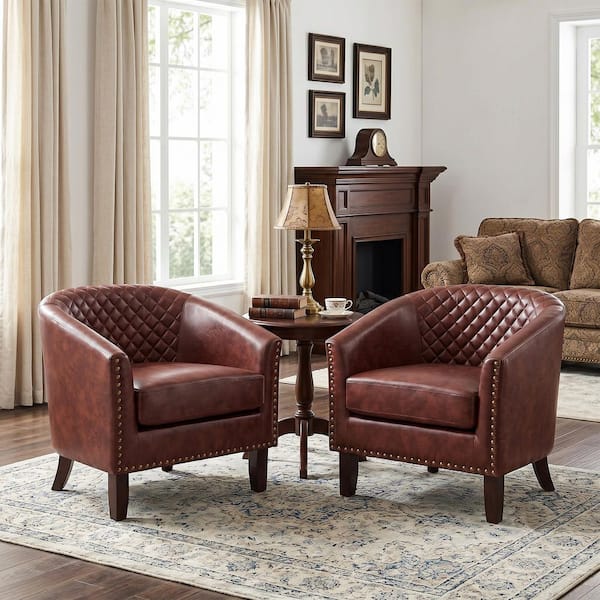 Mid-Century Red Brown Solid Wood Legs PU Leather Upholstered Accent Barrel Chair with Nailhead Trim(Set of 2)