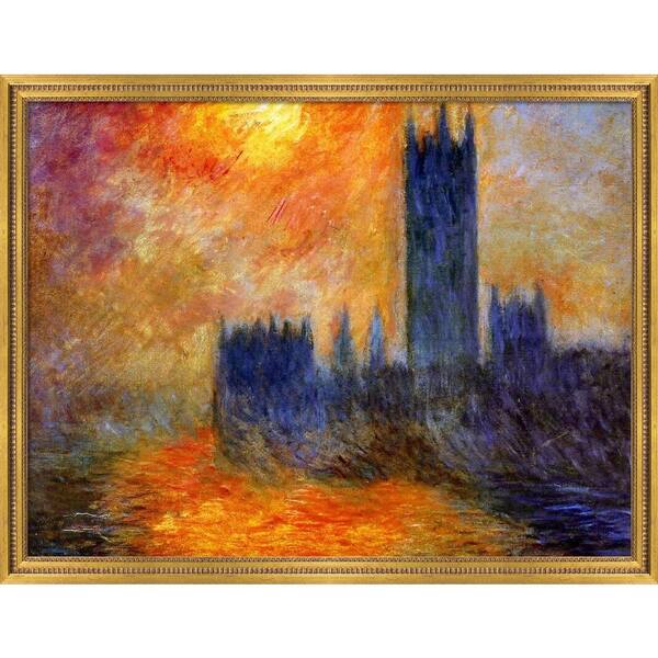 LA PASTICHE House of Parliament Sun by Claude Monet Versailles Gold Queen Framed Abstract Oil Painting Art Print 41 in. x 53 in.