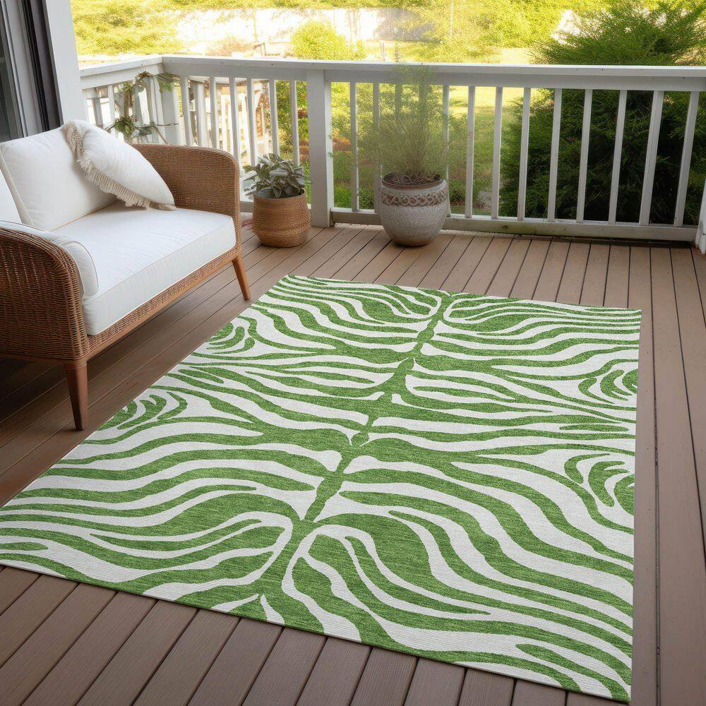 Green and Off-White Zebra Pattern Washable Synthetic Area Rug