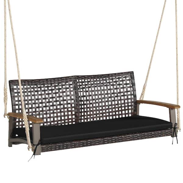 HONEY JOY Patio 2-Person Loveseat Wicker Steel Porch Hanging Swing Chair with Black Cushion and Acacia Wood Armrests