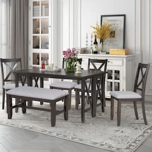 Morden Style 6-Piece Wood Top Espresso Foldable Table Dining Room Set with 4-Chairs and Bench