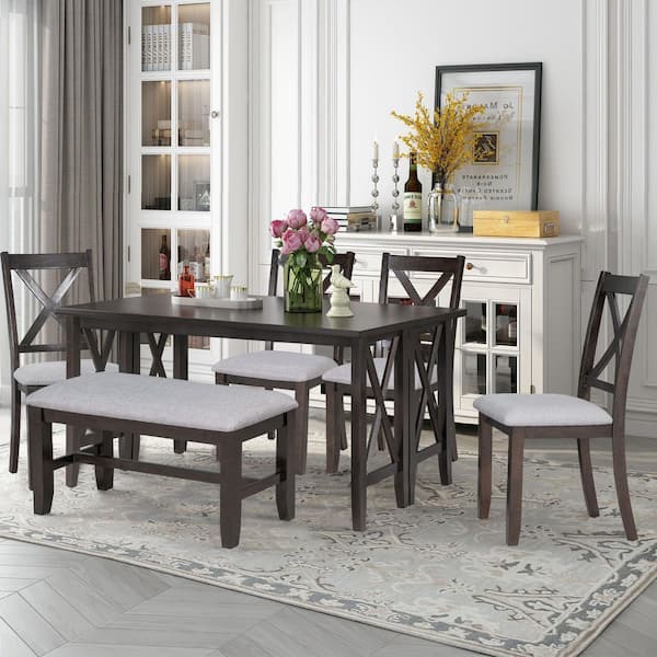 6-Piece Farmhouse Style Dining Table Set with 4 Chairs, Rectangular Table  with Long Bench and 4 Dining Chairs, Rustic Farmhouse Solid Wood Dining  Room Set for Small Places
