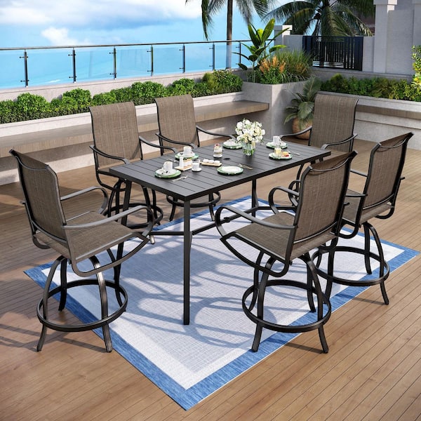PHI VILLA Black 7-Piece Metal Square Outdoor Bistro Patio Bar Set with Slat Bar Table and Swivel Bistro Chairs
