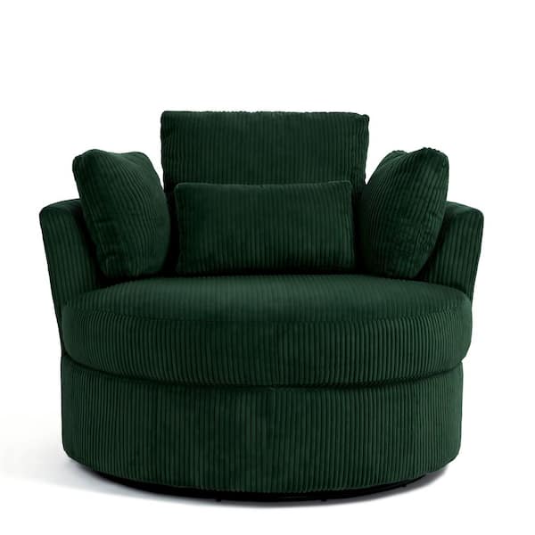 Green Corduroy Fabric Upholstered 360° Swivel Accent Barrel Chair with Pillows (Set of 1)