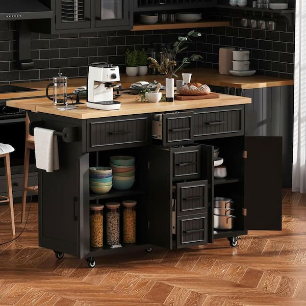 Cesicia Luxury Black Wood 51 in. Rolling Drop Leaf Kitchen Island with Internal Storage Rack and Towel Rack