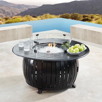 44 in. Round Aluminum Outdoor Propane Fire Table with Wind Blockers, Fire Beads, Lid, and Covers in Copper Finish