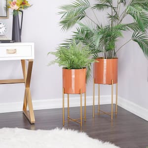 24 in., and 21 in. Large Orange Metal Indoor Outdoor Planter with Removable Stand (2- Pack)