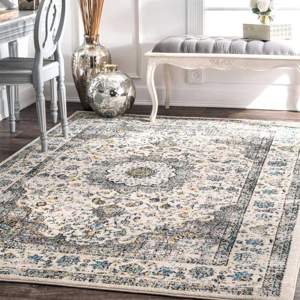Gray and Beige Round Synthetic Persian Style Area Rug