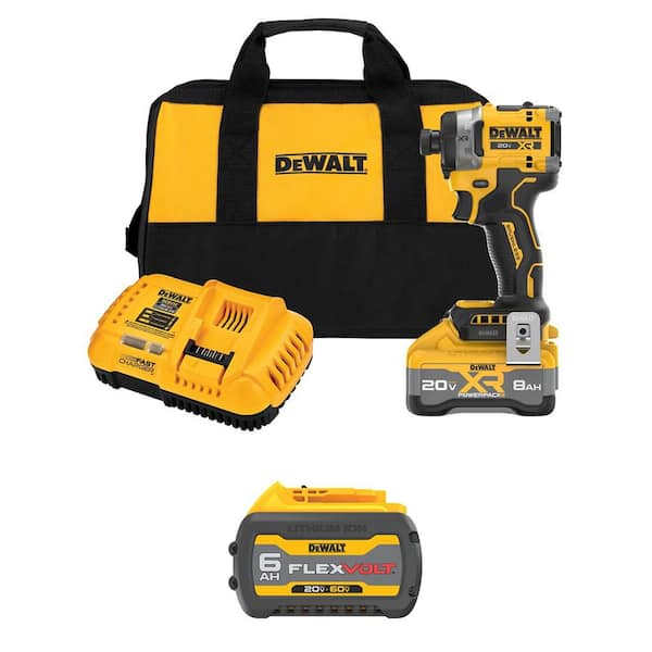 20-Volt Max Lithium-Ion Cordless 1/4 in. Impact Driver Kit w/ 8 Ah Battery, Flexvolt 20V/60V 6 Ah Battery Pack, Charger