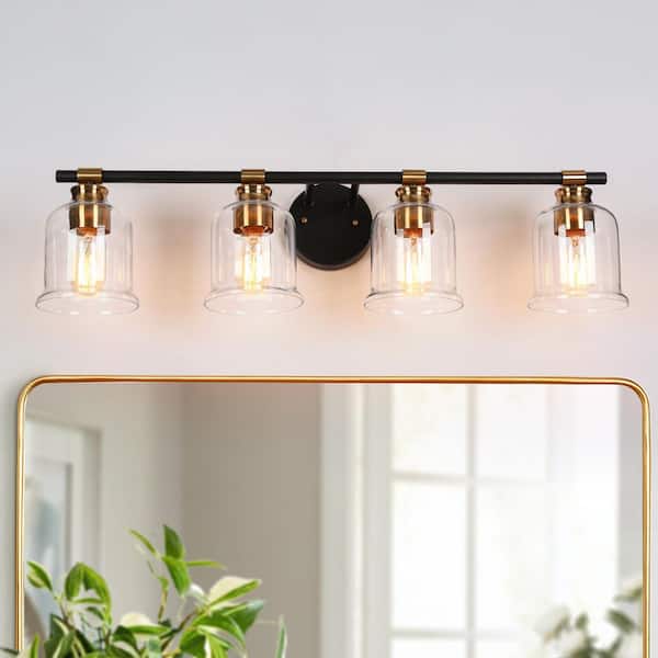 LNC 29 in. 4-Light Black Bathroom Vanity Light Modern Classic Bell Wall Sconce with Brass Accents Clear Glass Shades