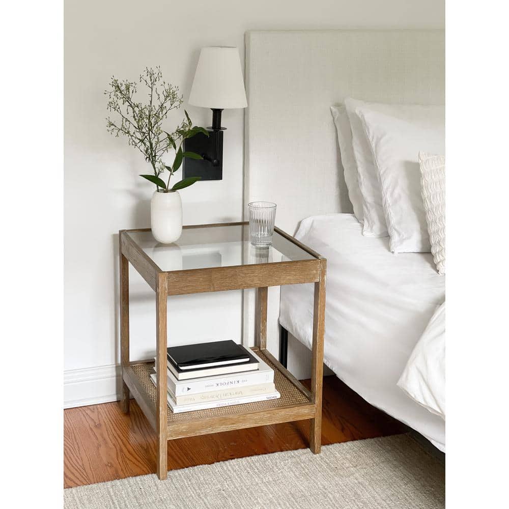 Hayes Light Brown Solid Wood and Glass Side Table with Rattan Shelf