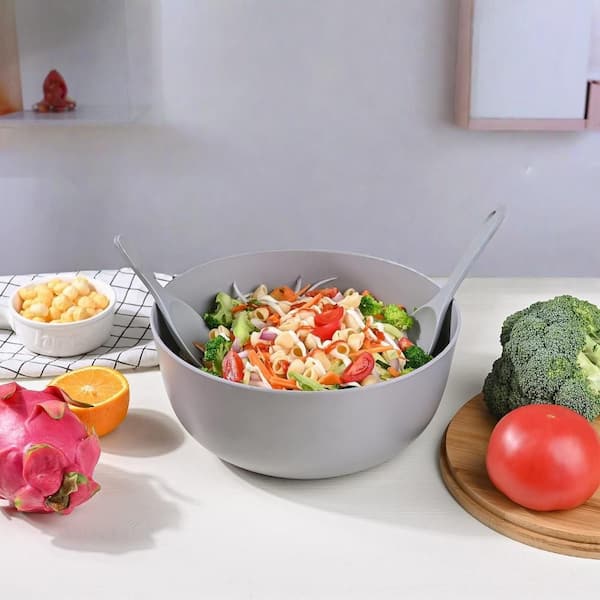 Numhew 9.8 in. 3.7 qt. Bamboo Fiber Salad Bowl with Servers, Lid