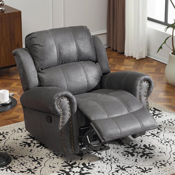 CHRISTOPHER KNIGHT HOME Gavin Slate Suede Fabric Upholstery Wood Frame Manual Glider Standard Tufted Recliner with Rolled Arms, Nailhead Trim