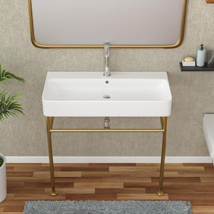 32 in. Ceramic Console Sink Basin in White with Brushed Gold Steel Legs