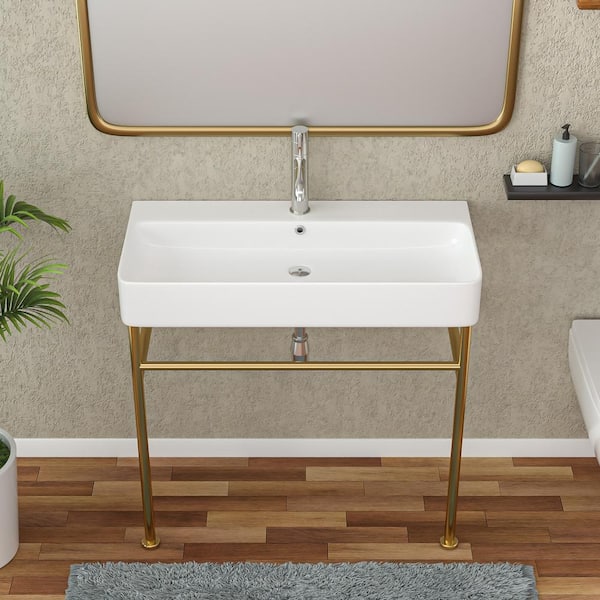LORDEAR 32 in. Ceramic Console Sink Basin in White with Brushed Gold Steel Legs