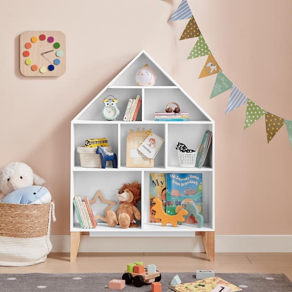 DANYA B Steiner 31.5 in. Bookcase White Dollhouse 8-Compartment Kids Book Toy Figure Display Unit Freestanding with Beech Legs