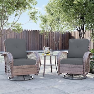 3-Piece Brown Wicker Patio Outdoor Rocking Chair Set with Gray Cushion and Side Table