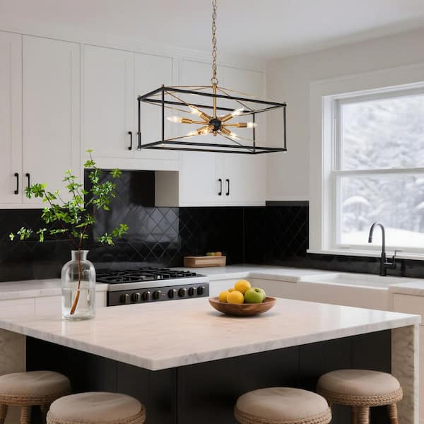 Modern Farmhouse 8-Light Sputnik Brass-Plated Chandelier Light, Industrial 26 in. Black Pendant Light for Kitchen Island