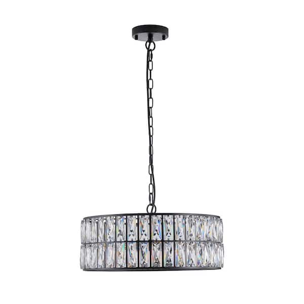 6-Light Black Drum Shape Chandelier with K9 Crystal for Living Room Dinning Room Kitchen Island Master Room Foyer