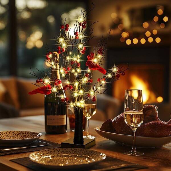 2 ft. Artificial Vintage Glowing Table Tree with Cardinals