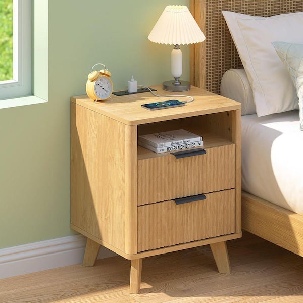 Hommpa 17.7 in. W 2-Drawer Wood Nightstand with Charging Station