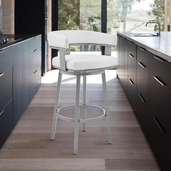 Armen Living Cohen 26 in. Counter Height Low Back Swivel Bar Stool in Silver with White Faux Leather