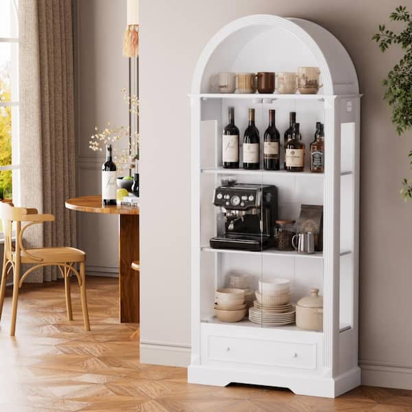 Modern White 70.9 in. Arched Kitchen Storage Cabinet with Glass Doors, LED Light Strips and Drawers for Living room