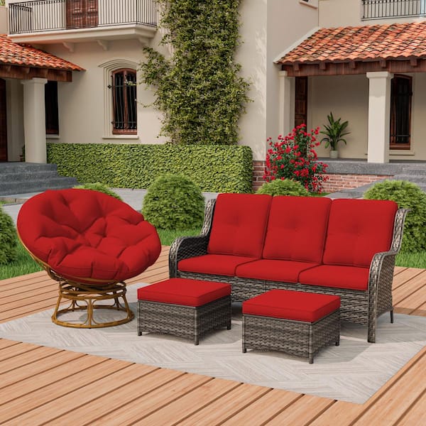 MeetLeisure Brown 4-Piece Wicker Patio Conversation Set with Red Cushion and Swivel Papasan Lounge Chair