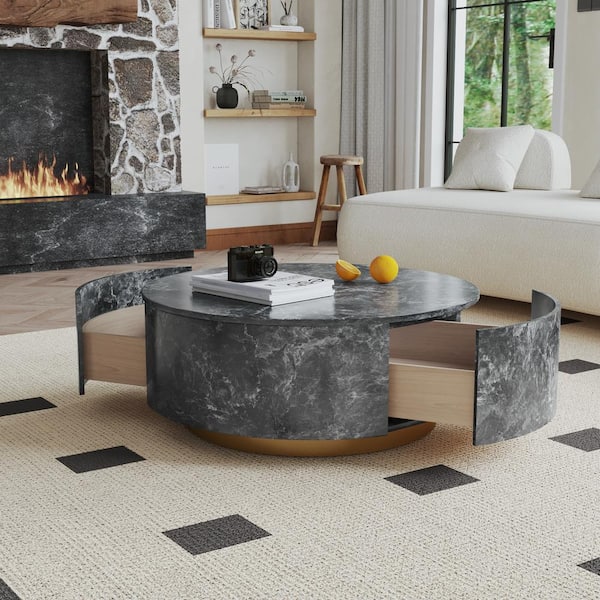 J&E Home 33.5 in. Sky Gray Round Marble Top Modern Minimalist Coffee Table with Drawers