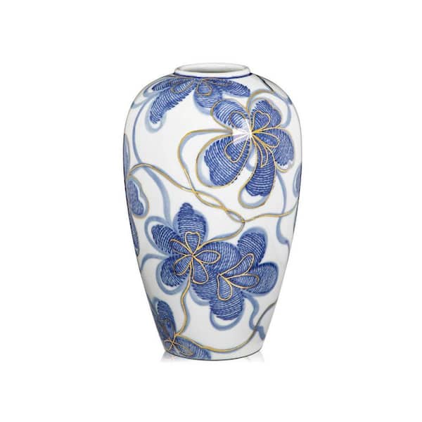 9 in. Blue Ceramic Bottle Hand-Painted Porcelain Flower Vase with