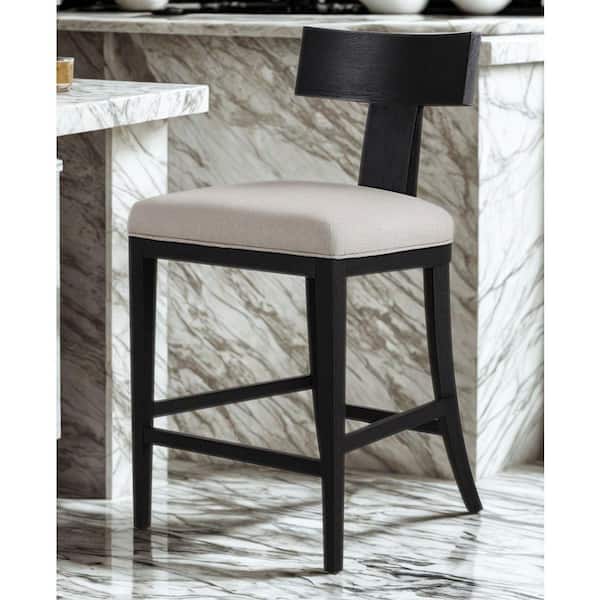 Fabien Mid-Century Modern 26.8 in. Black Walnut Wood Counter Stool with Linen Seat