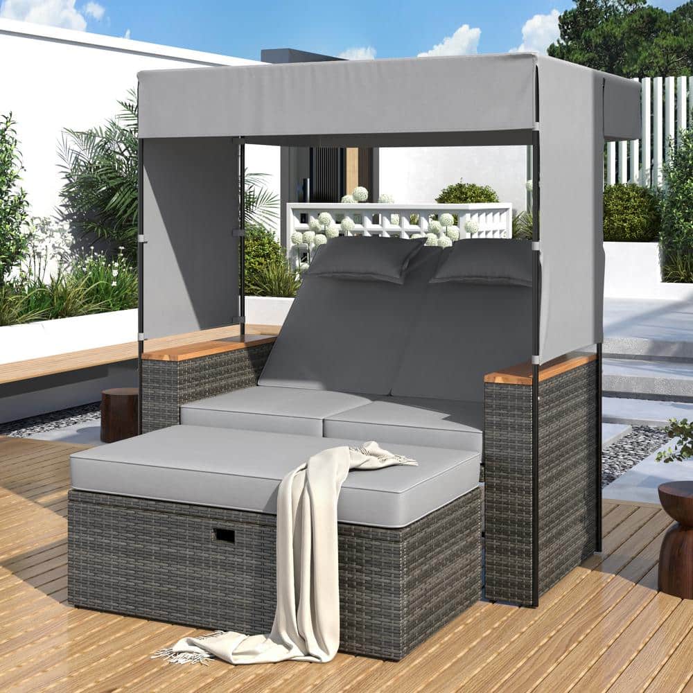 2-Piece Wicker Outdoor Day Bed, Patio Bench Lounge Roof Set, UV Protection,