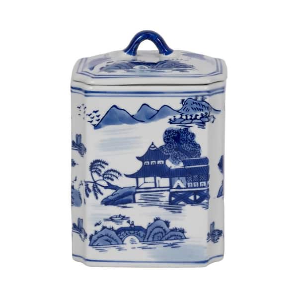 8 in. Blue Ceramic Rectangular Chinoiserie Jar with Lid