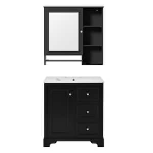 30 in. W. Single Sink Freestanding Bath Vanity in Black with White Ceramic Top and Mirror