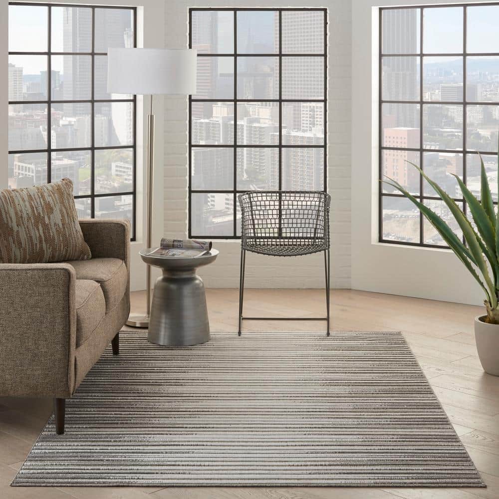 Calobra Light Grey Striped 4' x 6' Hand-Knotted Synthetic Rug