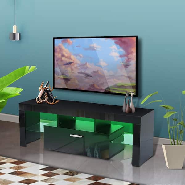 GODEER 51.20 in. Black TV Stand Fits TV's up to 55 in. with LED Lights, High Glossy front TV Cabinet, in Lounge Room