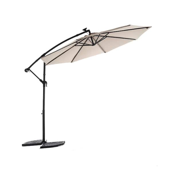 Lycvki 10 ft. Solar LED Offset Hanging Market Patio Umbrella for Backyard, Pool, Coast, in khaki