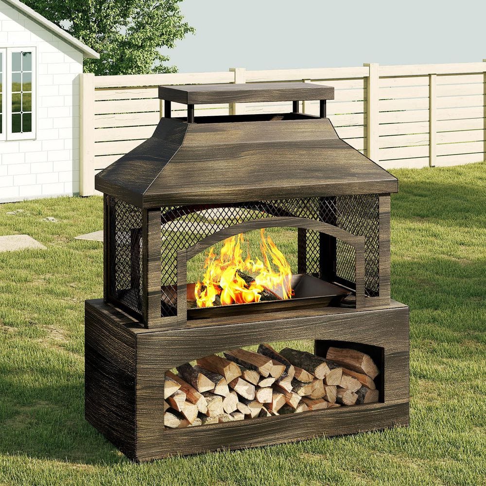Bestier 37 in. Steel Outdoor Wood Burning Fireplace with Wood