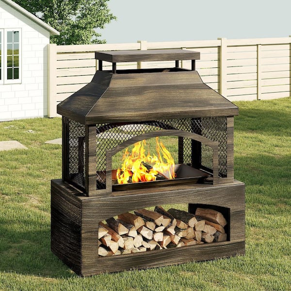 37 in. Steel Outdoor Wood Burning Fireplace with Wood Storage Rectangular Freestanding