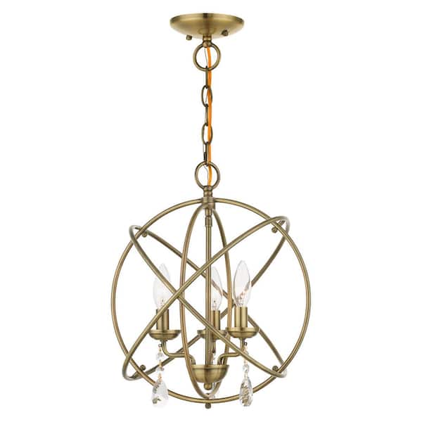 AVIANCE LIGHTING Cahill 15.5 in. 3-Light Antique Brass Convertible Mini Chandelier/Semi Flush with Crystals